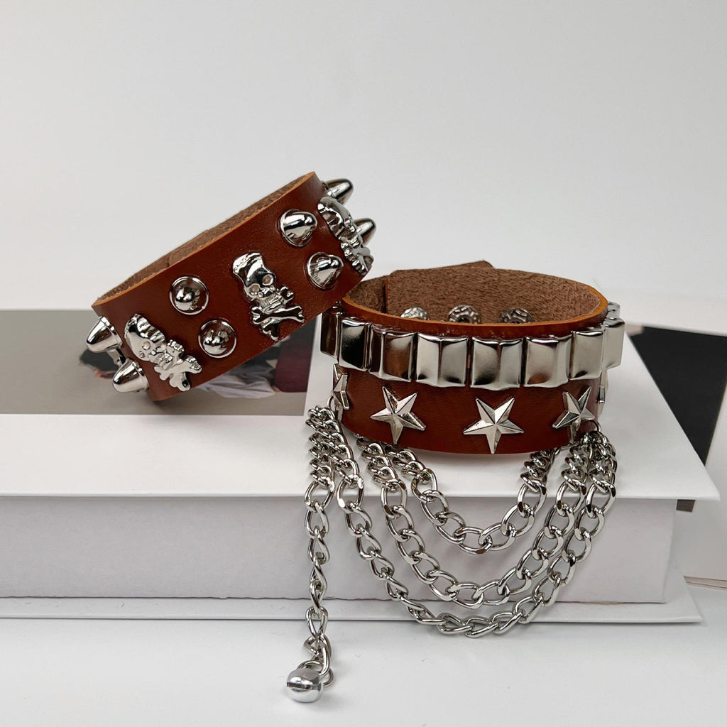 Japanese and Korean New Motorcycle Punk PU Leather Rivet Bracelet Personality Skull Hip Hop Bracelet Accessories Hip Hop Bracelet Jewelry