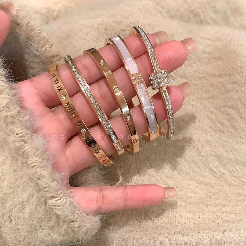 Hollow Roman Digital Titanium Steel Bracelet Wholesale Women's Bracelet Silver Stainless Steel Plain Ring Bracelet Sub-Open Bracelet