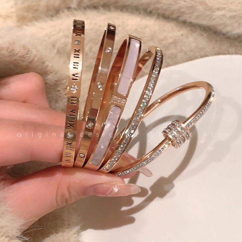 Hollow Roman Digital Titanium Steel Bracelet Wholesale Women's Bracelet Silver Stainless Steel Plain Ring Bracelet Sub-Open Bracelet