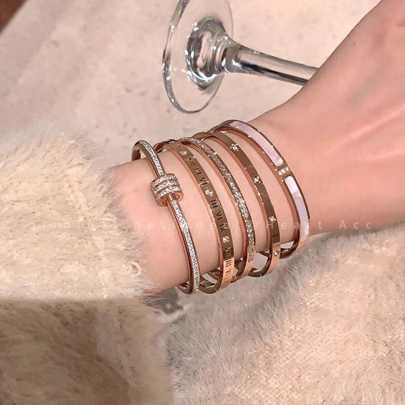 Hollow Roman Digital Titanium Steel Bracelet Wholesale Women's Bracelet Silver Stainless Steel Plain Ring Bracelet Sub-Open Bracelet
