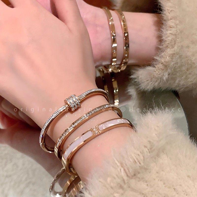 Hollow Roman Digital Titanium Steel Bracelet Wholesale Women's Bracelet Silver Stainless Steel Plain Ring Bracelet Sub-Open Bracelet