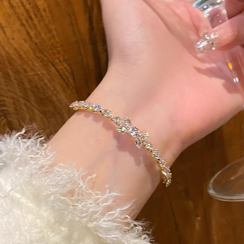Wheat Ear Bow Bracelet Women's High-Grade Zircon Bracelet Open Silver Bracelet Light Luxury Niche Exquisite Jewelry