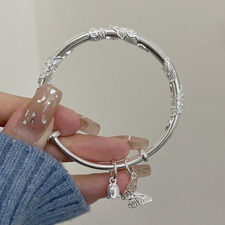 Blooming Flowers like Brocade Silver Bracelet Solid Filigree Lark Feather Push-Pull Bracelet Non-Fading Valentine's Day Gift for Girlfriend