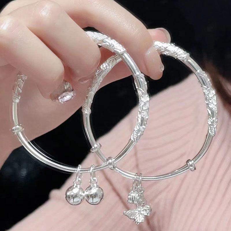 Blooming Flowers like Brocade Silver Bracelet Solid Filigree Lark Feather Push-Pull Bracelet Non-Fading Valentine's Day Gift for Girlfriend
