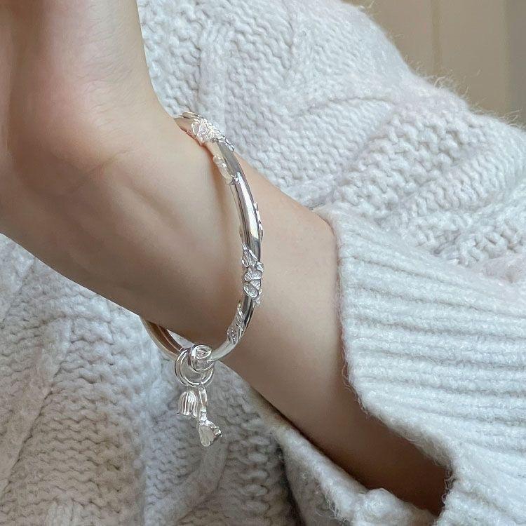Blooming Flowers like Brocade Silver Bracelet Solid Filigree Lark Feather Push-Pull Bracelet Non-Fading Valentine's Day Gift for Girlfriend