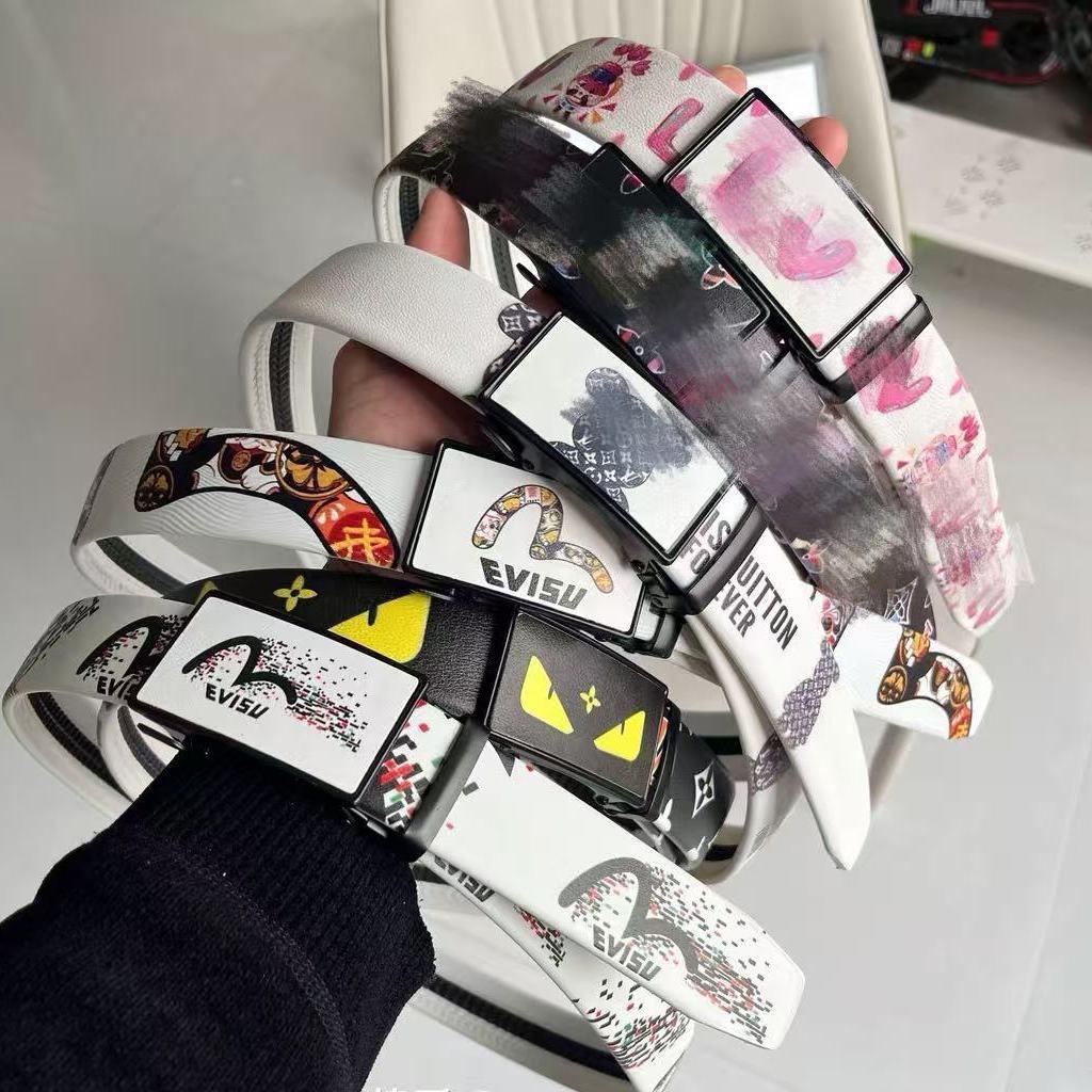 New Graffiti Fashion Cartoon Belt Men's and Women's All-Match Automatic Belt Trendy Letter Full Card Slot Jeans Belt