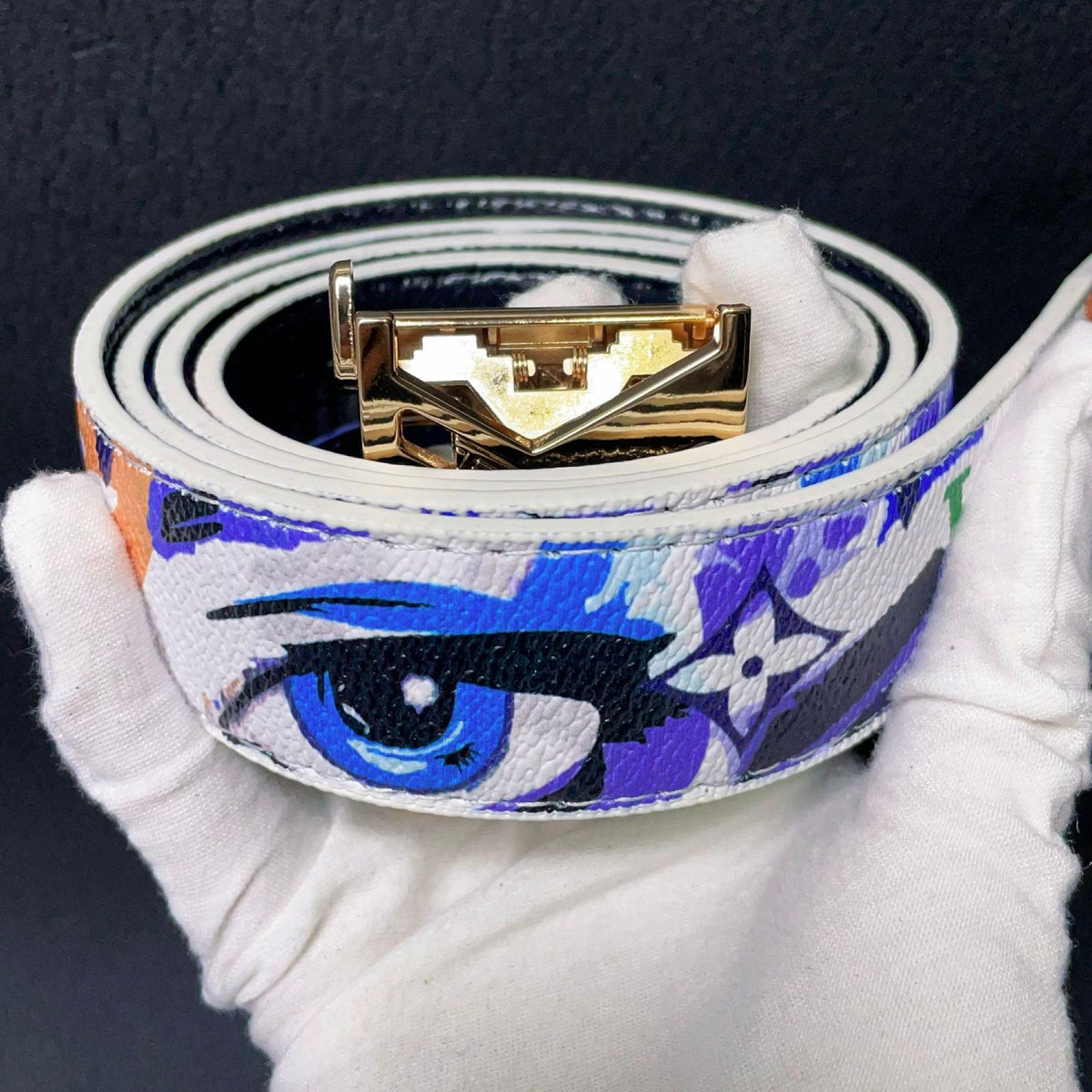 New Men's Graffiti Belt Letter L Automatic Buckle Full Card Slot Trendy All-Match Student Belt Jeans Internet Celebrity