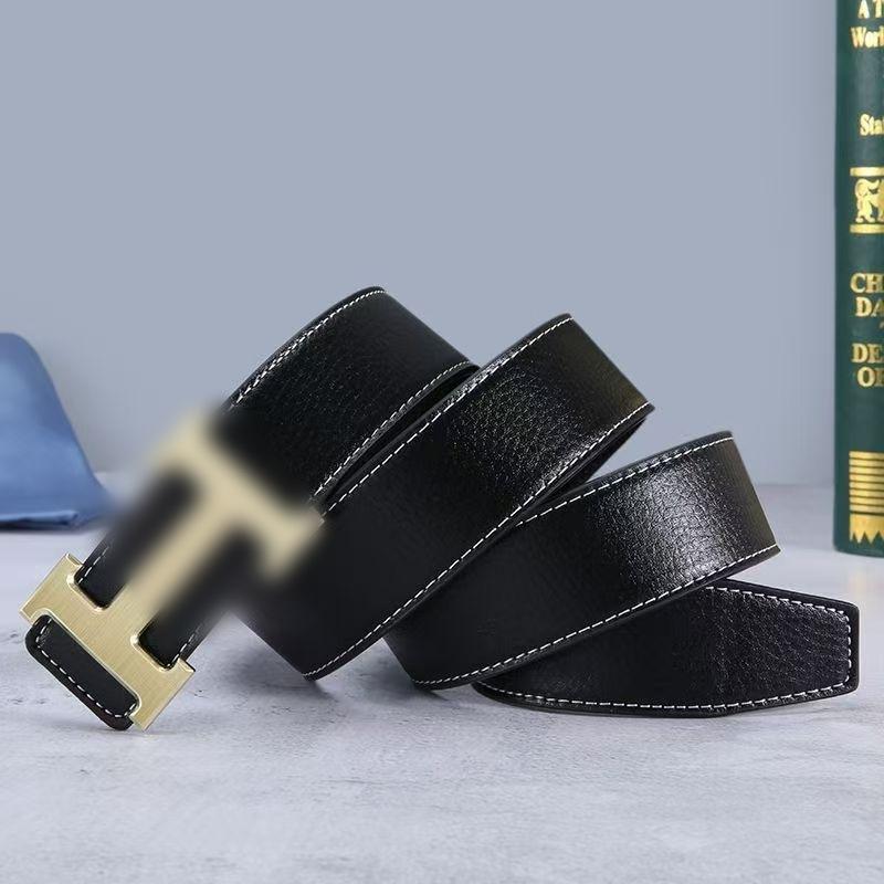 High-End Lychee Pattern Men's Belt Fashionable Letter H Smooth Buckle Young Guy Trendy Pants Belt Factory Spot Straight