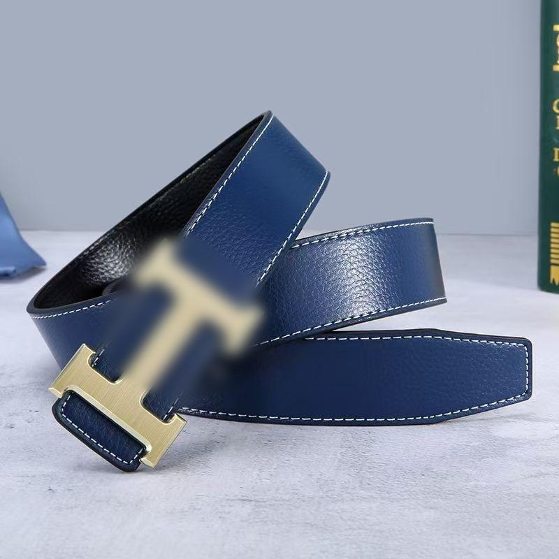 High-End Lychee Pattern Men's Belt Fashionable Letter H Smooth Buckle Young Guy Trendy Pants Belt Factory Spot Straight