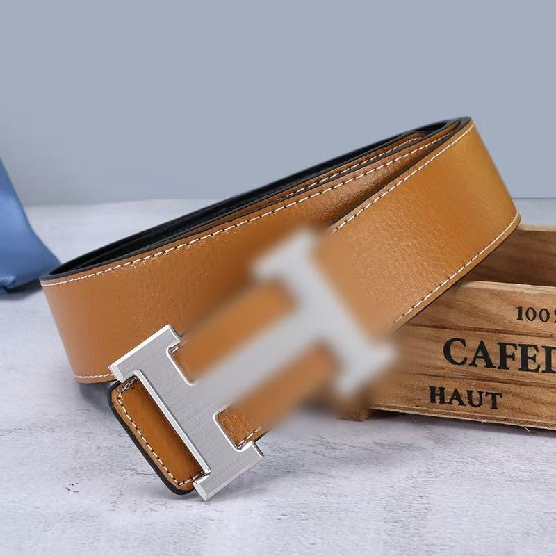 High-End Lychee Pattern Men's Belt Fashionable Letter H Smooth Buckle Young Guy Trendy Pants Belt Factory Spot Straight