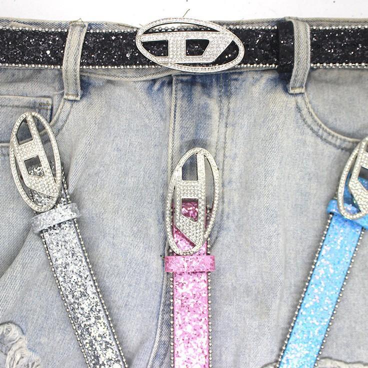 Trendy New Sequin Belt with Diamond D Buckle Head Belt Jeans Skirt Accessories Fashionable All-Match Personalized Belt