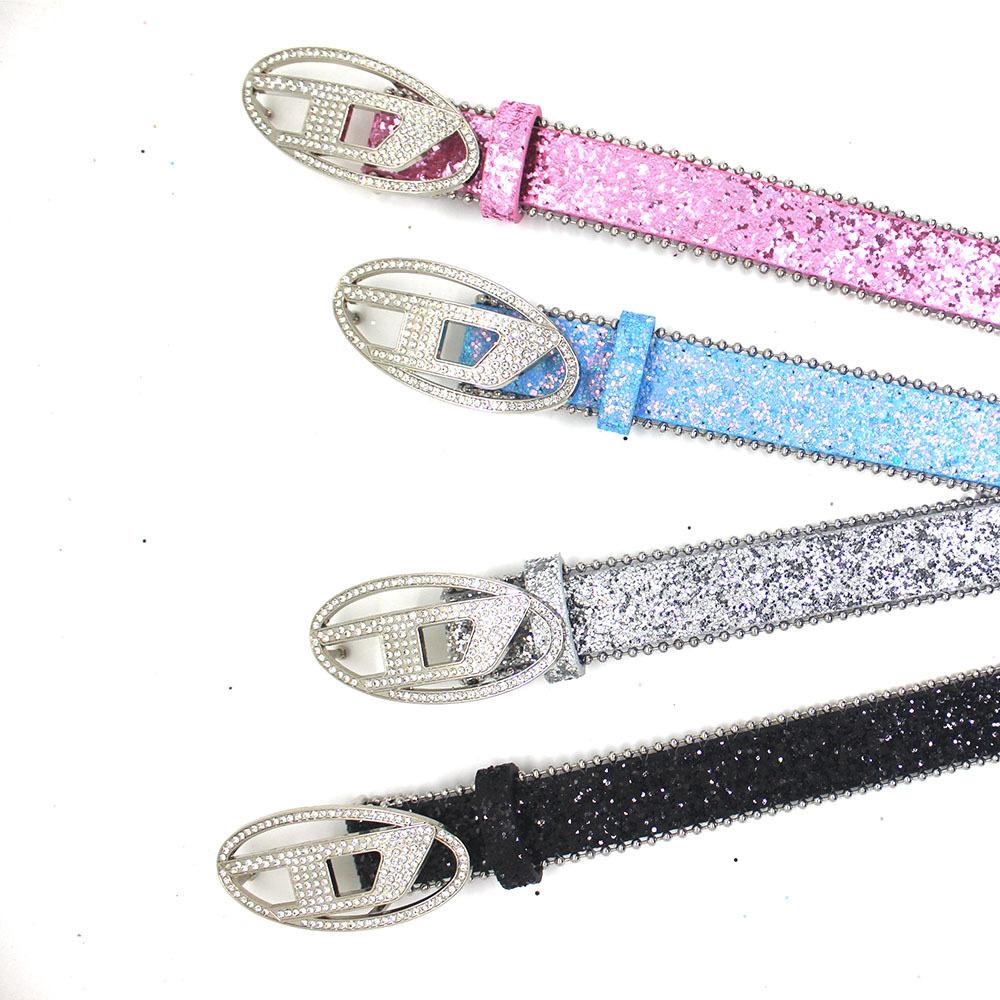 Trendy New Sequin Belt with Diamond D Buckle Head Belt Jeans Skirt Accessories Fashionable All-Match Personalized Belt