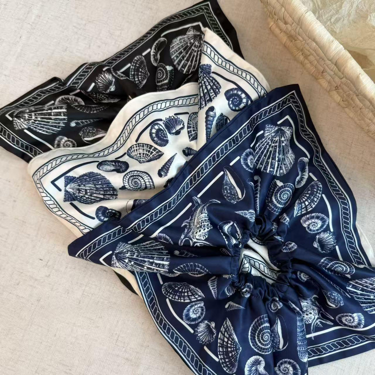 Satin High-Grade Square Scarf Large Intestine Hair Ring Female Bohemian Shell Conch Square Oversized Hair Rope Headband Headdress