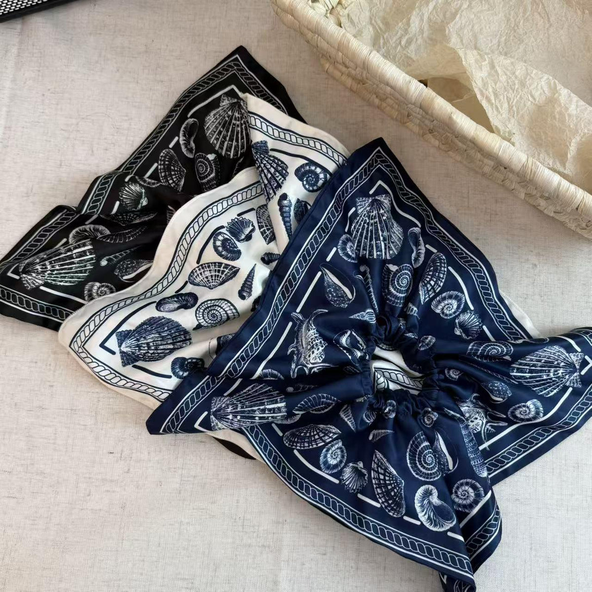 Satin High-Grade Square Scarf Large Intestine Hair Ring Female Bohemian Shell Conch Square Oversized Hair Rope Headband Headdress