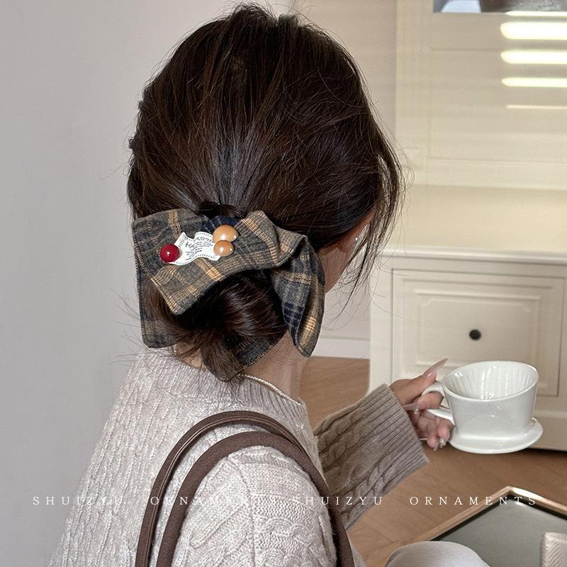 Korean-Style Plaid Square Scarf Large Intestine Hair Band Women's Retro Oversized Hair Rope Square Hair Accessories High-Grade Feeling Does Not Hurt Hair Rubber Band