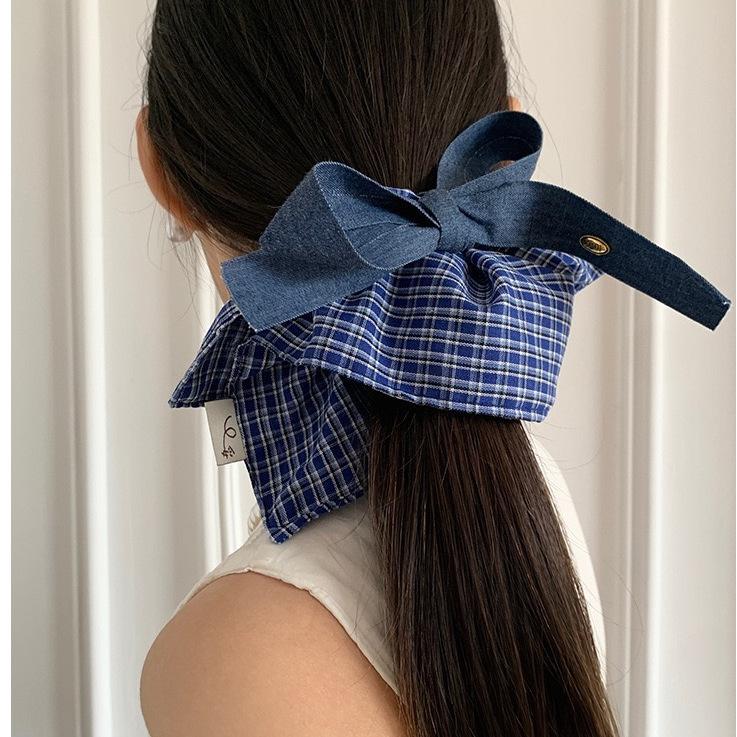 Korean-Style Plaid Square Scarf Large Intestine Hair Band Women's Retro Oversized Hair Rope Square Hair Accessories High-Grade Feeling Does Not Hurt Hair Rubber Band