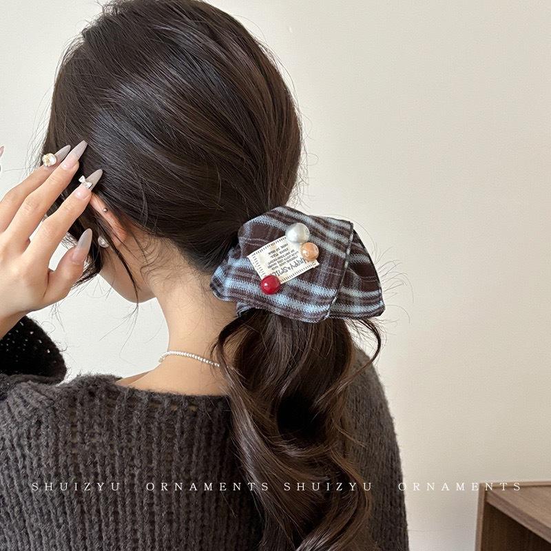 Korean-Style Plaid Square Scarf Large Intestine Hair Band Women's Retro Oversized Hair Rope Square Hair Accessories High-Grade Feeling Does Not Hurt Hair Rubber Band