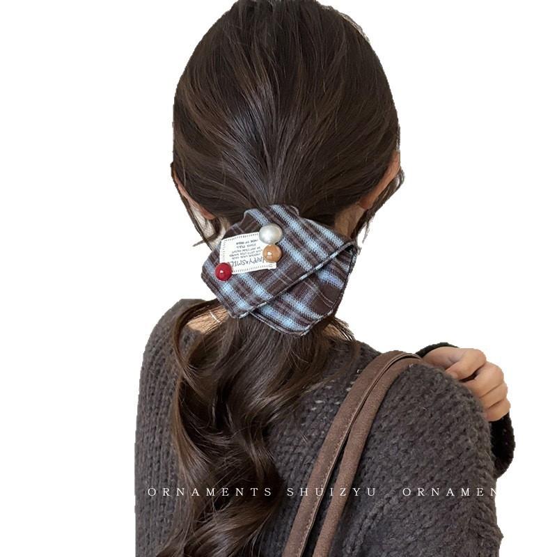 Korean-Style Plaid Square Scarf Large Intestine Hair Band Women's Retro Oversized Hair Rope Square Hair Accessories High-Grade Feeling Does Not Hurt Hair Rubber Band