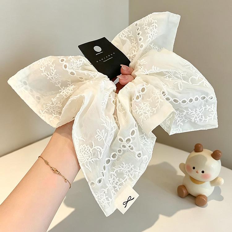 Korean Style Retro Niche Design Embroidered Flower Square Scarf Fat Sausage Ring Elegant Fabric Large Rubber Band Durable Hair Band