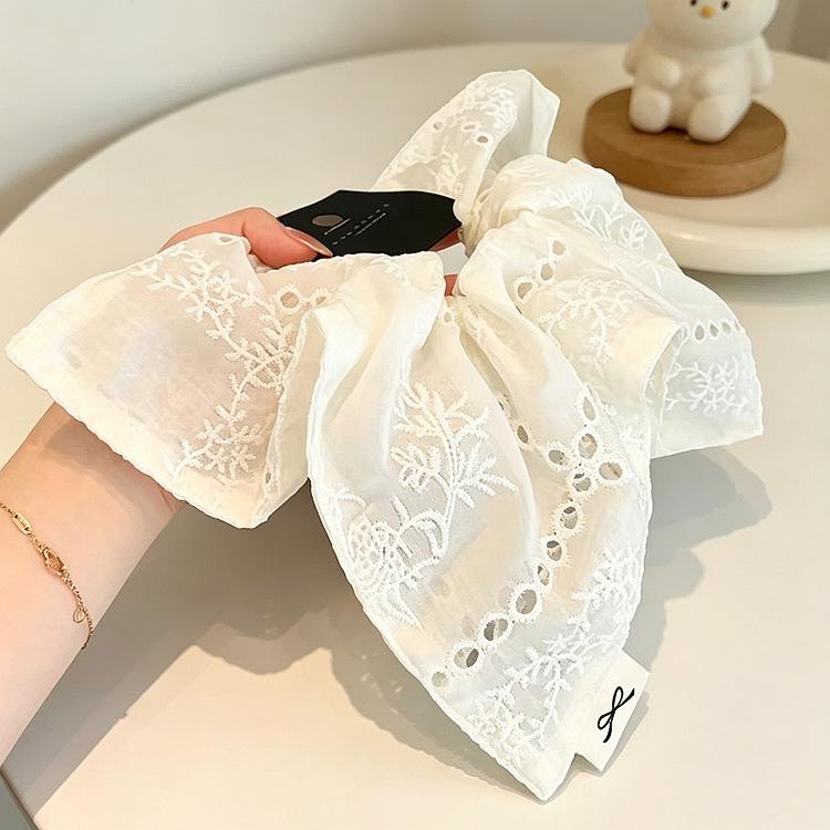 Korean Style Retro Niche Design Embroidered Flower Square Scarf Fat Sausage Ring Elegant Fabric Large Rubber Band Durable Hair Band