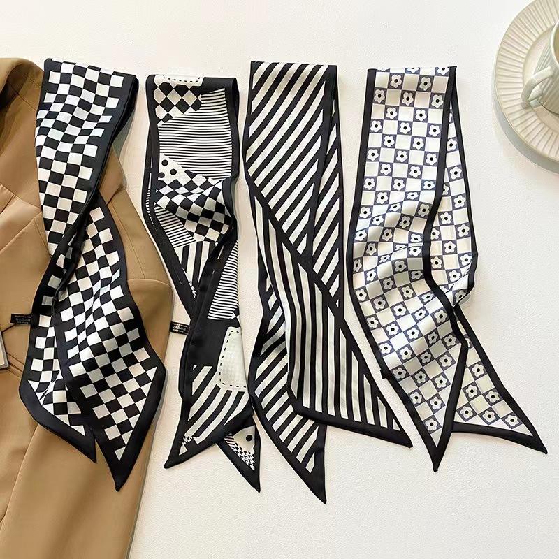Korean Style Black Scarf Hair Band Women's Small Long Thin Satin Headwear Niche Ribbon Houndstooth Flower Hair Accessories