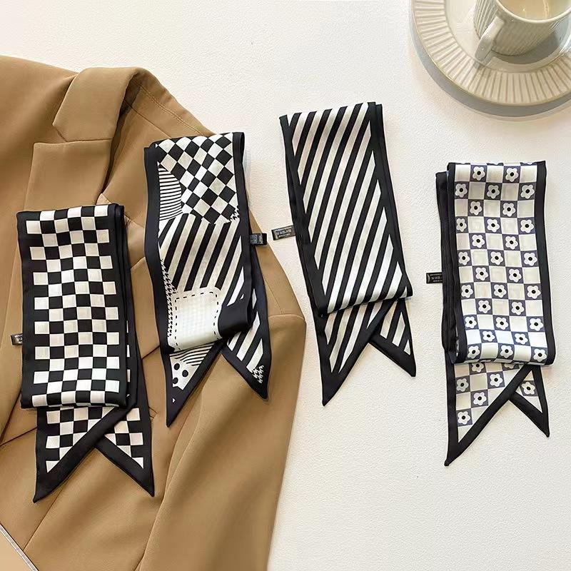 Korean Style Black Scarf Hair Band Women's Small Long Thin Satin Headwear Niche Ribbon Houndstooth Flower Hair Accessories