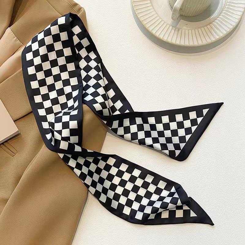 Korean Style Black Scarf Hair Band Women's Small Long Thin Satin Headwear Niche Ribbon Houndstooth Flower Hair Accessories