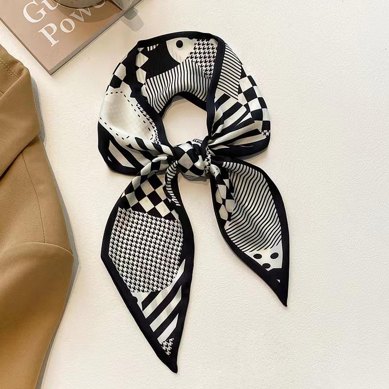 Korean Style Black Scarf Hair Band Women's Small Long Thin Satin Headwear Niche Ribbon Houndstooth Flower Hair Accessories