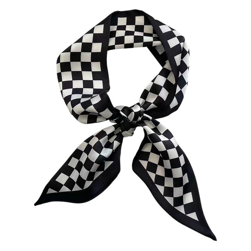 Korean Style Black Scarf Hair Band Women's Small Long Thin Satin Headwear Niche Ribbon Houndstooth Flower Hair Accessories