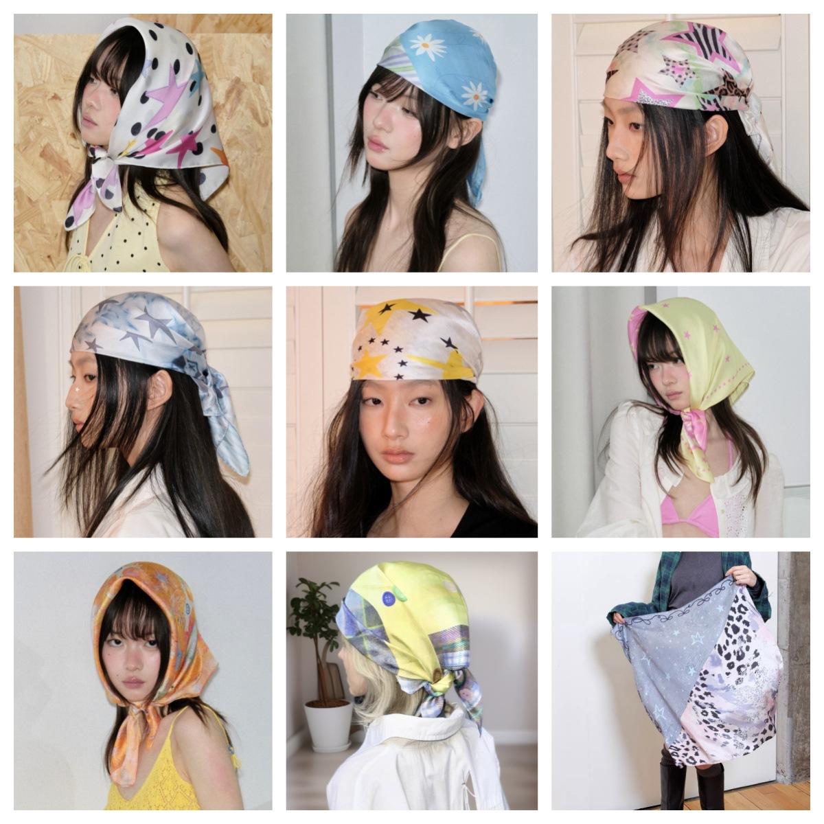 Spring and Summer New European and American Hot Girl Trendy Cool Hip Hop Niche All-Match Silk Scarf Closed Toe Headscarf Decoration Wholesale Headdress for Women