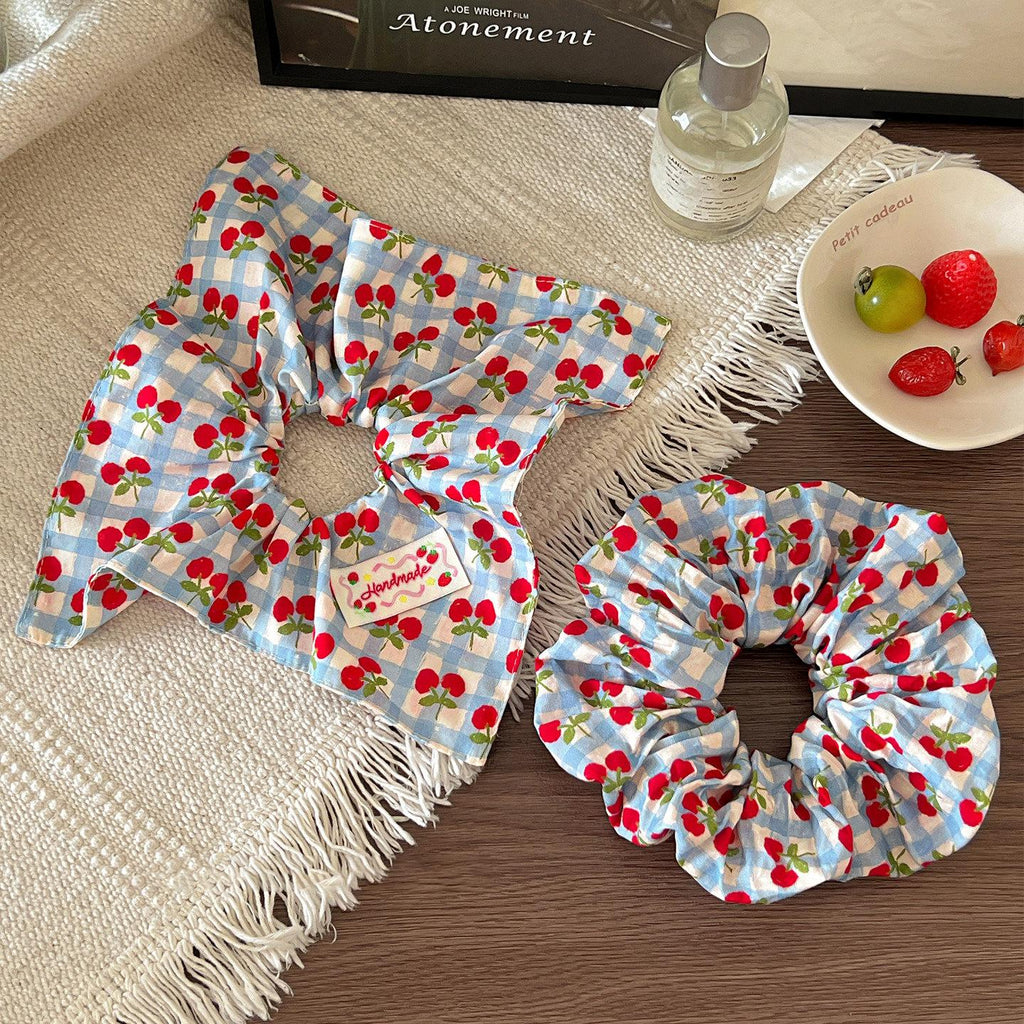 Cherry Plaid Square Scarf Large Intestine Hair Band Female Sweet Gentle Tie Hair Rope Temperament Low Ponytail Hair Rope Rubber Band Hair Accessories