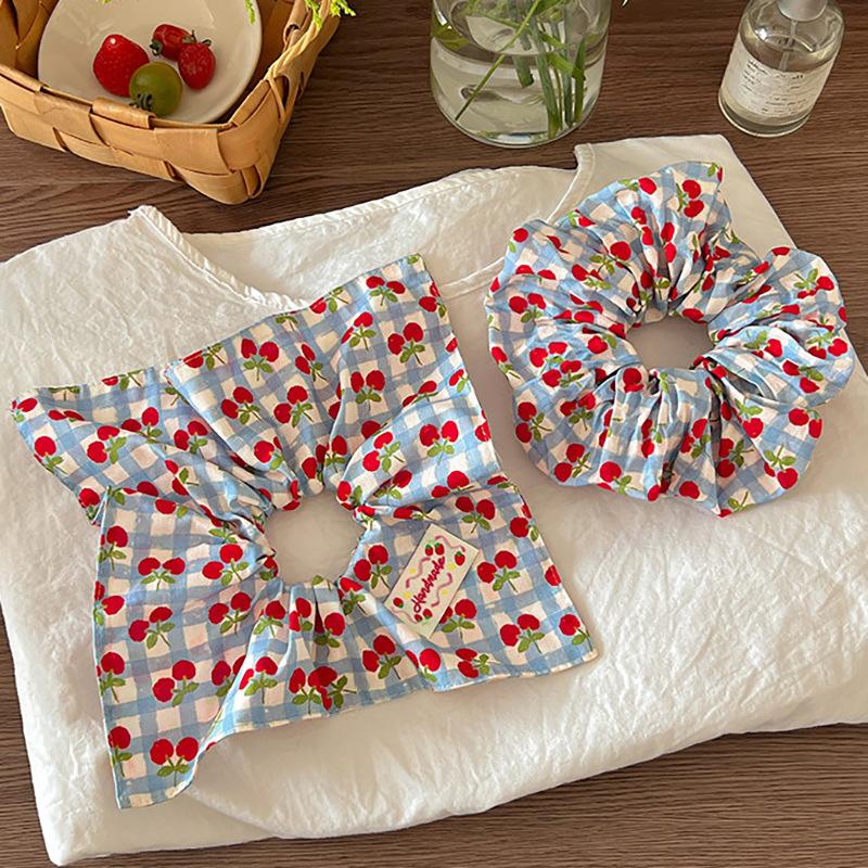 Cherry Plaid Square Scarf Large Intestine Hair Band Female Sweet Gentle Tie Hair Rope Temperament Low Ponytail Hair Rope Rubber Band Hair Accessories