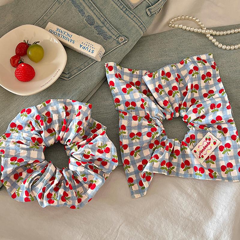 Cherry Plaid Square Scarf Large Intestine Hair Band Female Sweet Gentle Tie Hair Rope Temperament Low Ponytail Hair Rope Rubber Band Hair Accessories