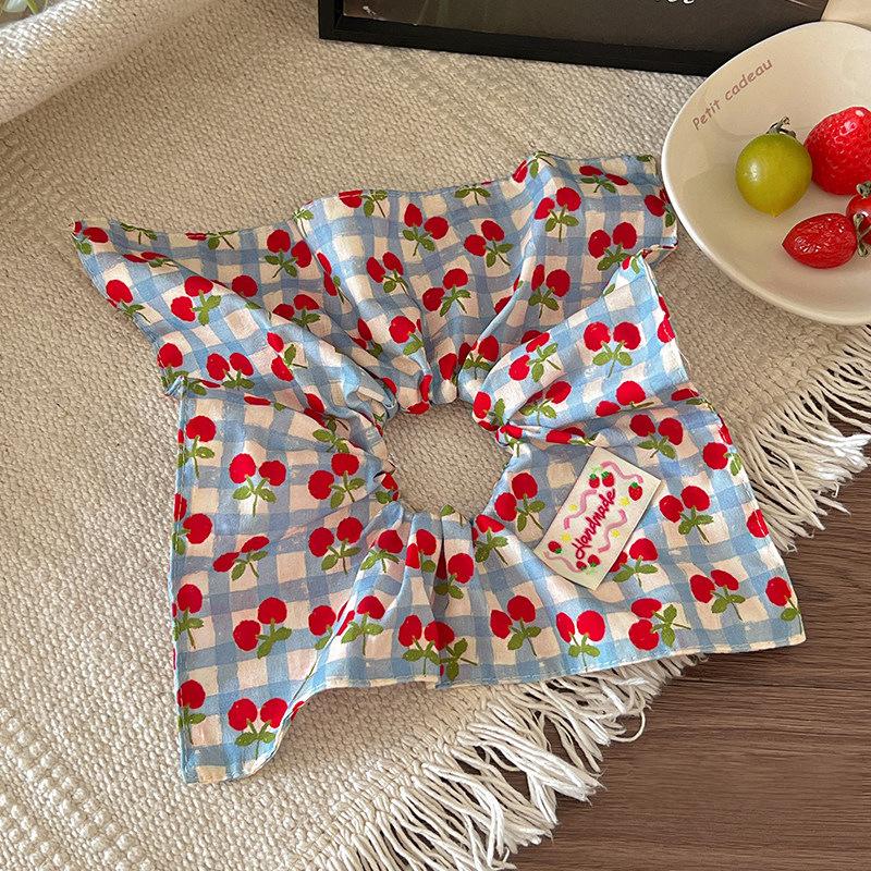 Cherry Plaid Square Scarf Large Intestine Hair Band Female Sweet Gentle Tie Hair Rope Temperament Low Ponytail Hair Rope Rubber Band Hair Accessories