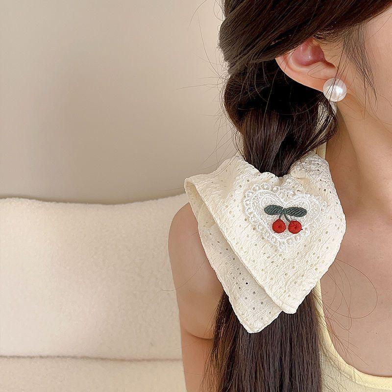 Handmade Lace Love Cherry White Hollow Square Scarf Large Intestine Hair Ring Sweet Girl Heart Ponytail Hair Accessories Hair Rope New
