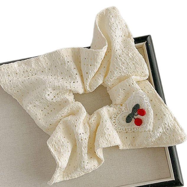 Handmade Lace Love Cherry White Hollow Square Scarf Large Intestine Hair Ring Sweet Girl Heart Ponytail Hair Accessories Hair Rope New