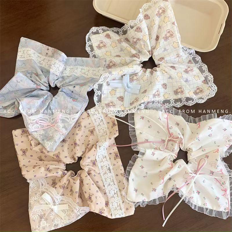Handmade Floral Bow Girl Heart Bear Square Scarf Large Intestine Hair Ring Korean Romantic Retro Cute Sweet Hair Accessories