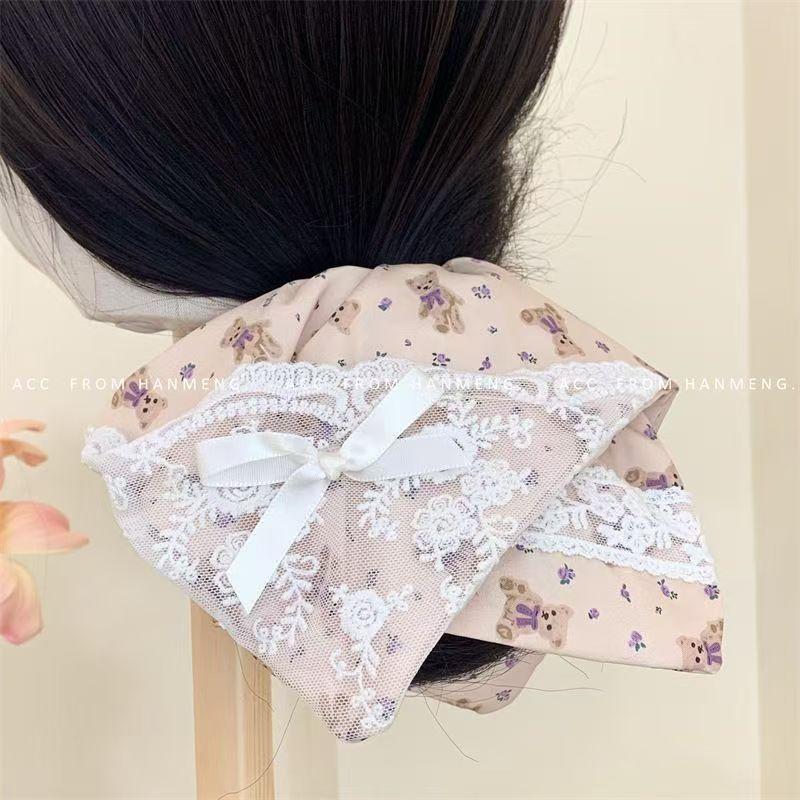 Handmade Floral Bow Girl Heart Bear Square Scarf Large Intestine Hair Ring Korean Romantic Retro Cute Sweet Hair Accessories
