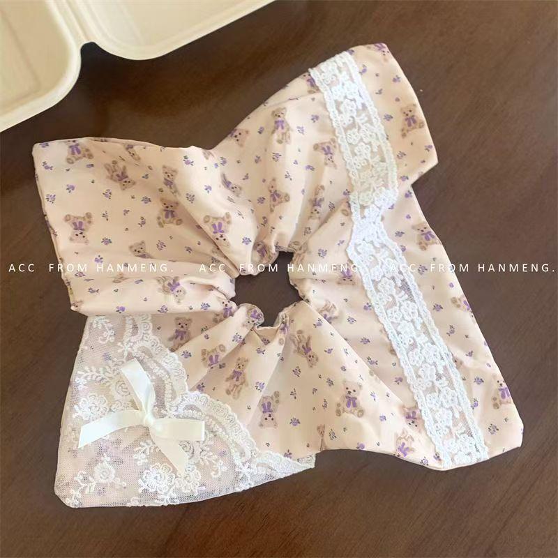 Handmade Floral Bow Girl Heart Bear Square Scarf Large Intestine Hair Ring Korean Romantic Retro Cute Sweet Hair Accessories