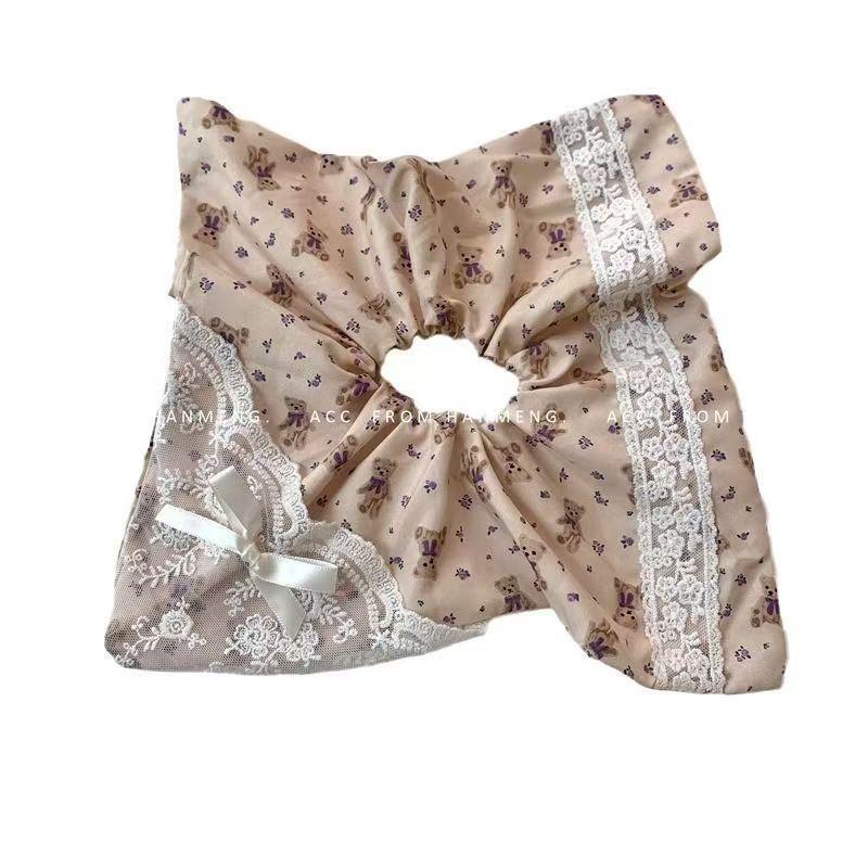 Handmade Floral Bow Girl Heart Bear Square Scarf Large Intestine Hair Ring Korean Romantic Retro Cute Sweet Hair Accessories