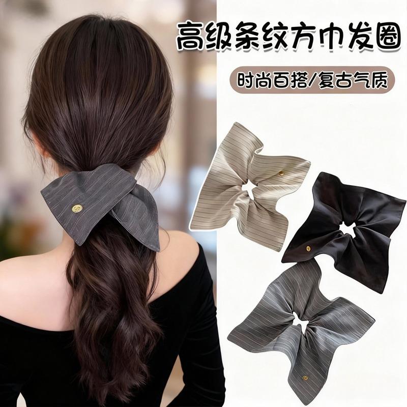Korean Style Striped Fabric Square Scarf Large Intestine Hair Band for Women 2025 New Elegant Low Ponytail Head Rope High-Grade Hair Accessories Factory