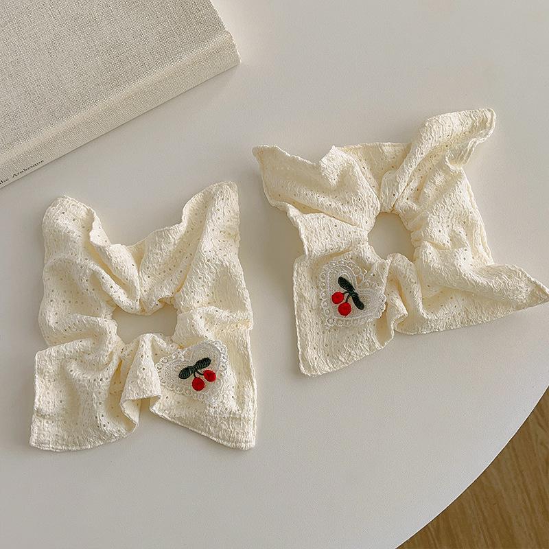 High-Looking Cherry Beige Fabric Hollow Square Scarf Large Intestine Hair Band Girl's Hair Tie Rope Small Fresh Hair Rope Hair Accessories