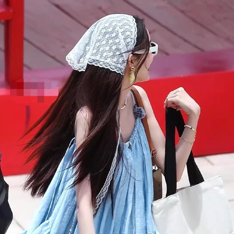 Gulina Tie Same Style French Lace Triangle Scarf Spring New Women's Silk Scarf Pastoral Style Plaid Hair Scarf