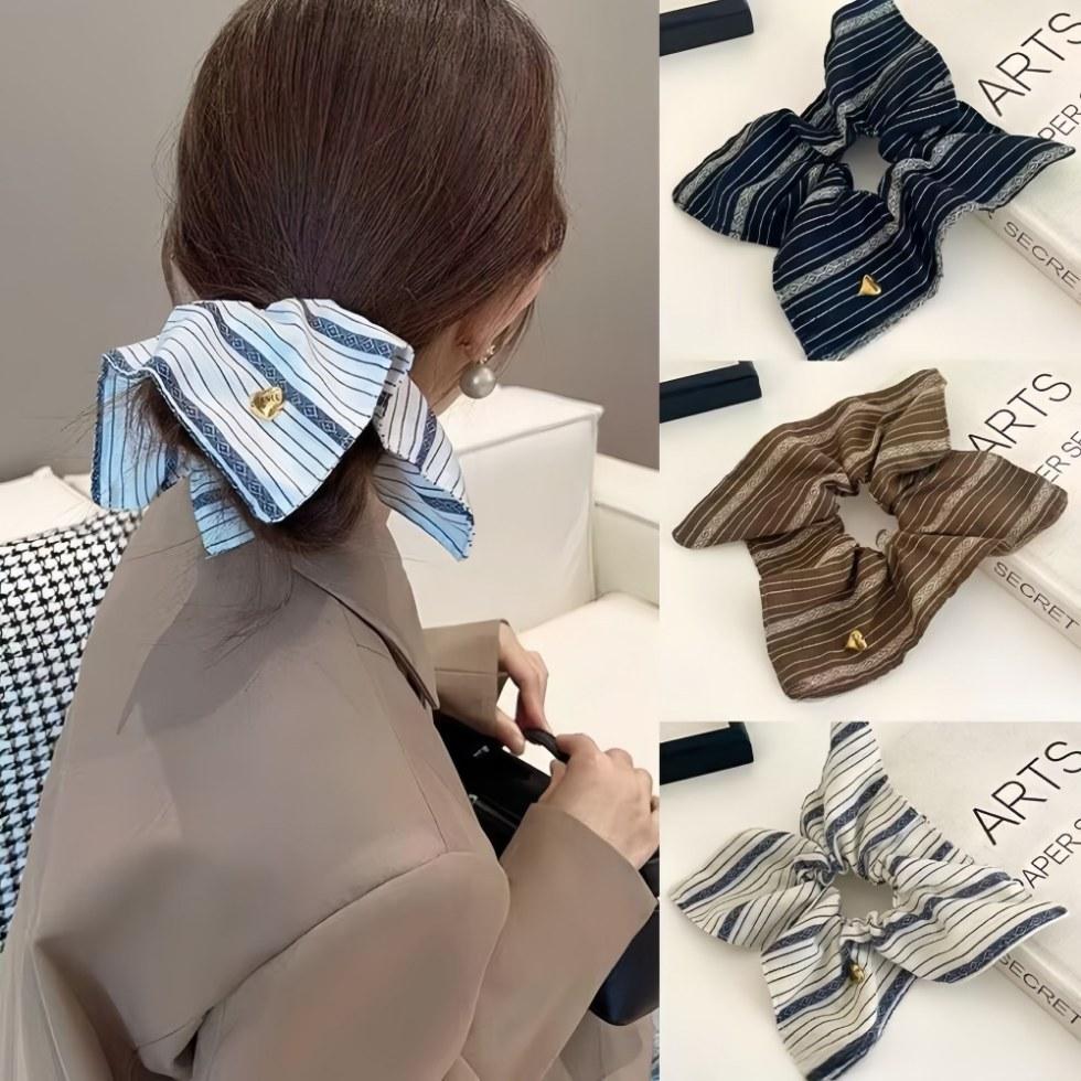 Striped Love Square Scarf Elegant Large Intestine Hair Band Female Lazy Style Ponytail Rubber Band Adult Hair Band Retro Headband Headdress