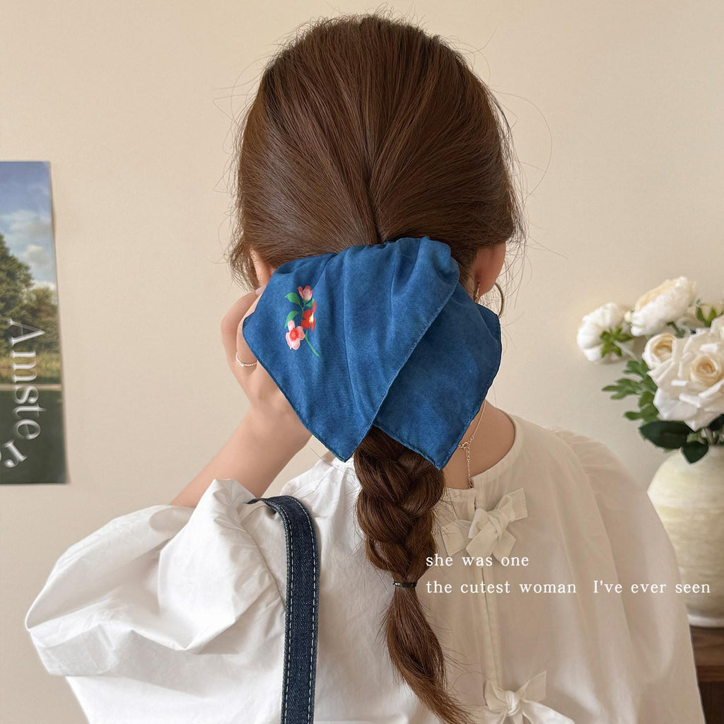 Retro Blue Floral Square Scarf Large Intestine Hair Band Female Back Head Tie Hair Rope Does Not Hurt Hair Low Ponytail Hair Rope Hair Accessories