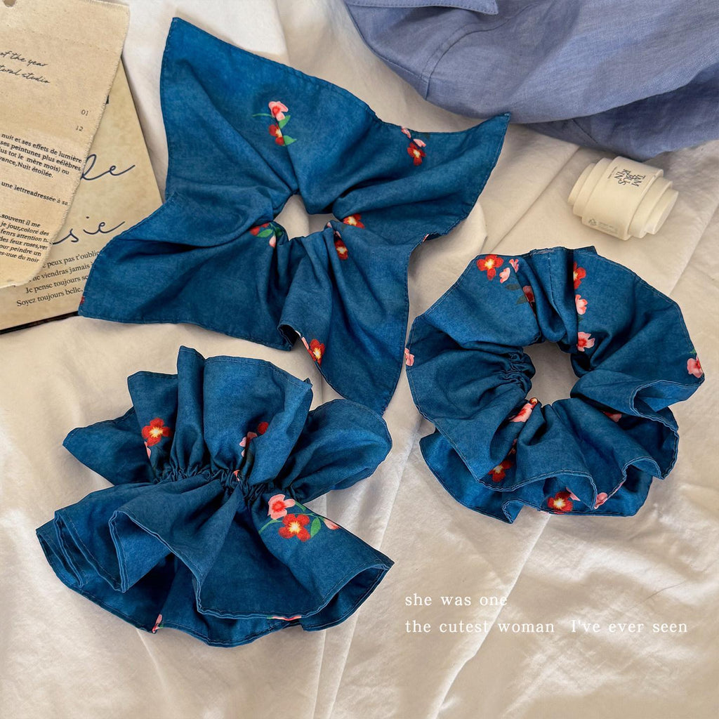 Retro Blue Floral Square Scarf Large Intestine Hair Band Female Back Head Tie Hair Rope Does Not Hurt Hair Low Ponytail Hair Rope Hair Accessories