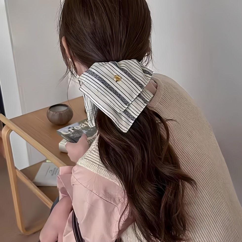 Striped Love Square Scarf Elegant Large Intestine Hair Band Female Lazy Style Ponytail Rubber Band Adult Hair Band Retro Headband Headdress