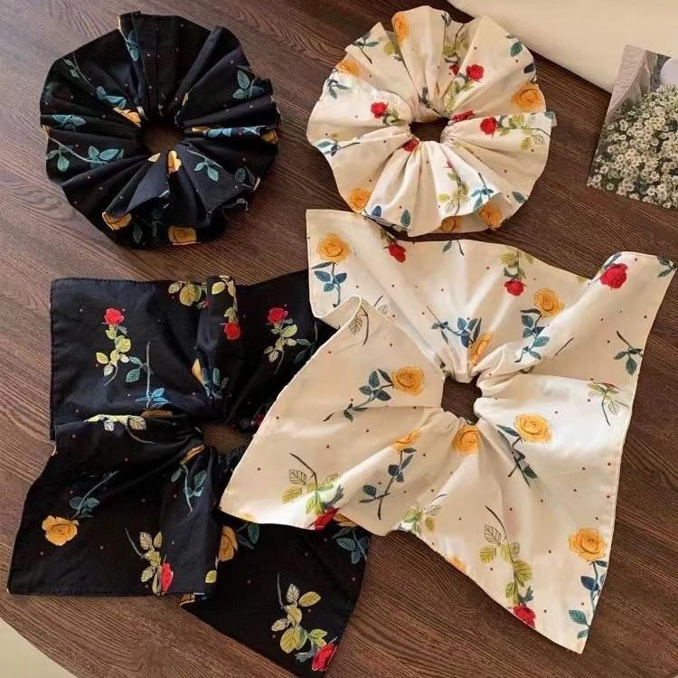 Retro Blue Floral Square Scarf Large Intestine Hair Band Female Back Head Tie Hair Rope Does Not Hurt Hair Low Ponytail Hair Rope Hair Accessories