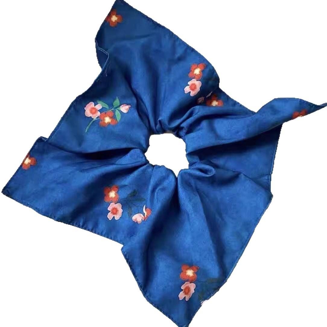 Retro Blue Floral Square Scarf Large Intestine Hair Band Female Back Head Tie Hair Rope Does Not Hurt Hair Low Ponytail Hair Rope Hair Accessories
