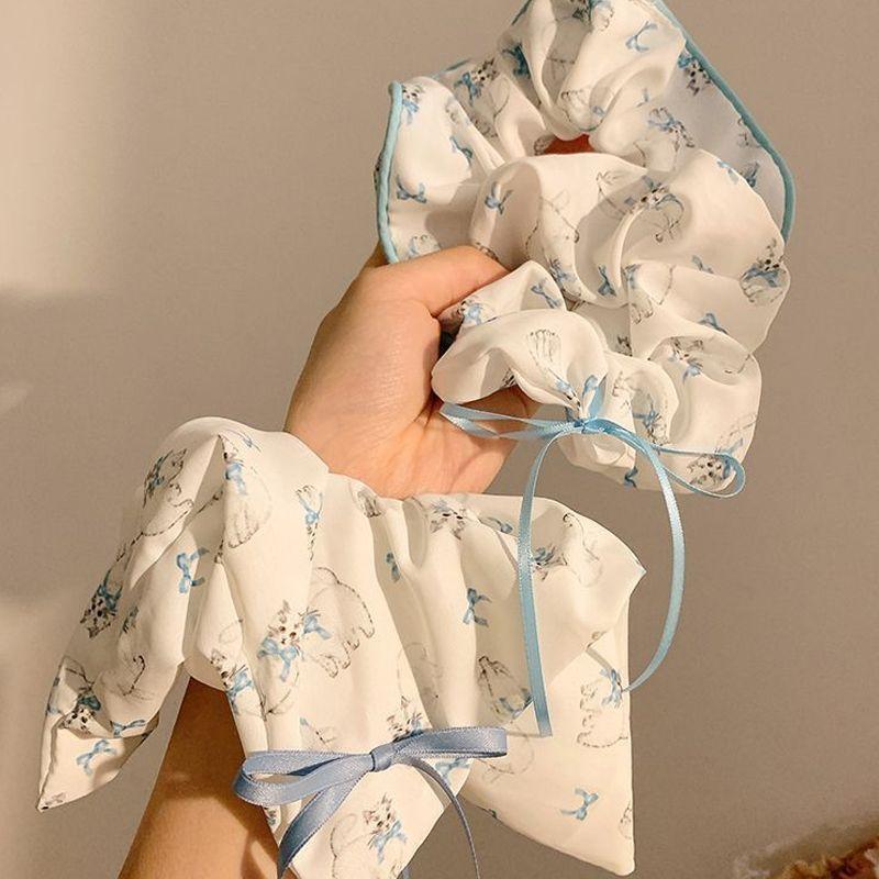 Sea Salt Hit Milk ~ Blue Bow Ribbon Square Scarf Large Intestine Hair Ring Female High-Grade Cute Large Hair Rope Hair Accessories